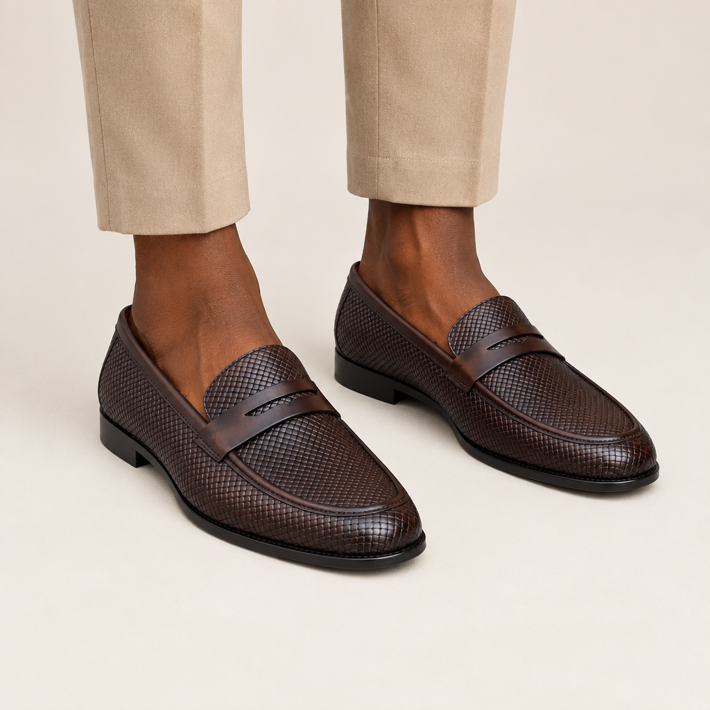 Dark brown textured penny loafers worn with light trousers