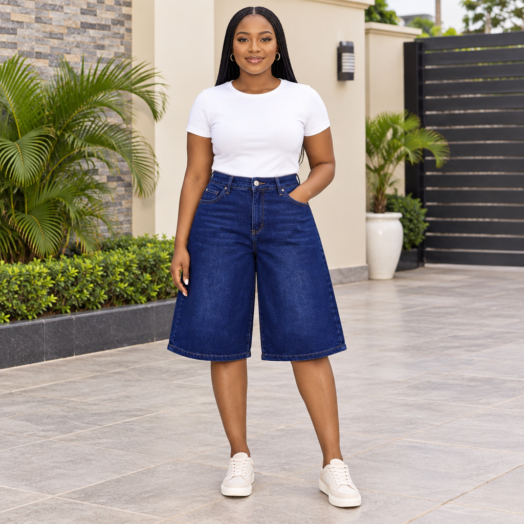 Adult woman wearing dark blue wide-leg denim Bermuda shorts