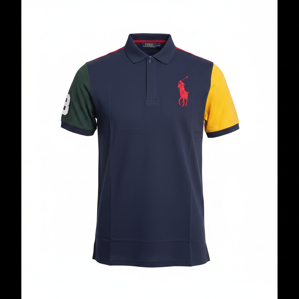 Navy Green Yellow Colour-Block Polo Shirt - Ghost Mannequin