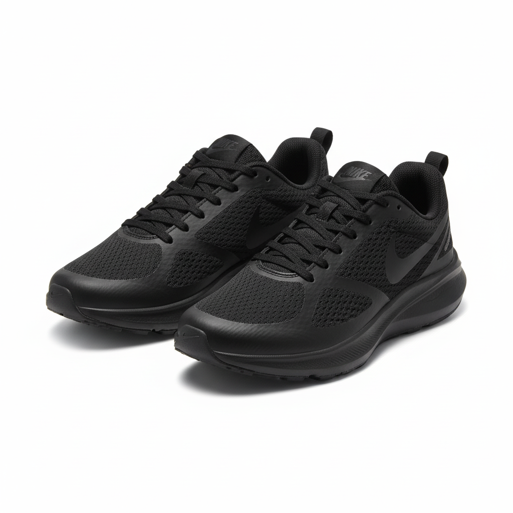 All-black lace-up low-top sneakers pair on white background