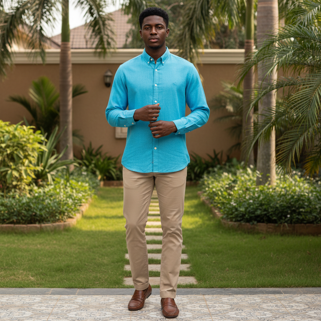 Young Nigerian male wearing vibrant turquoise plain linen long sleeve button-down shirt
