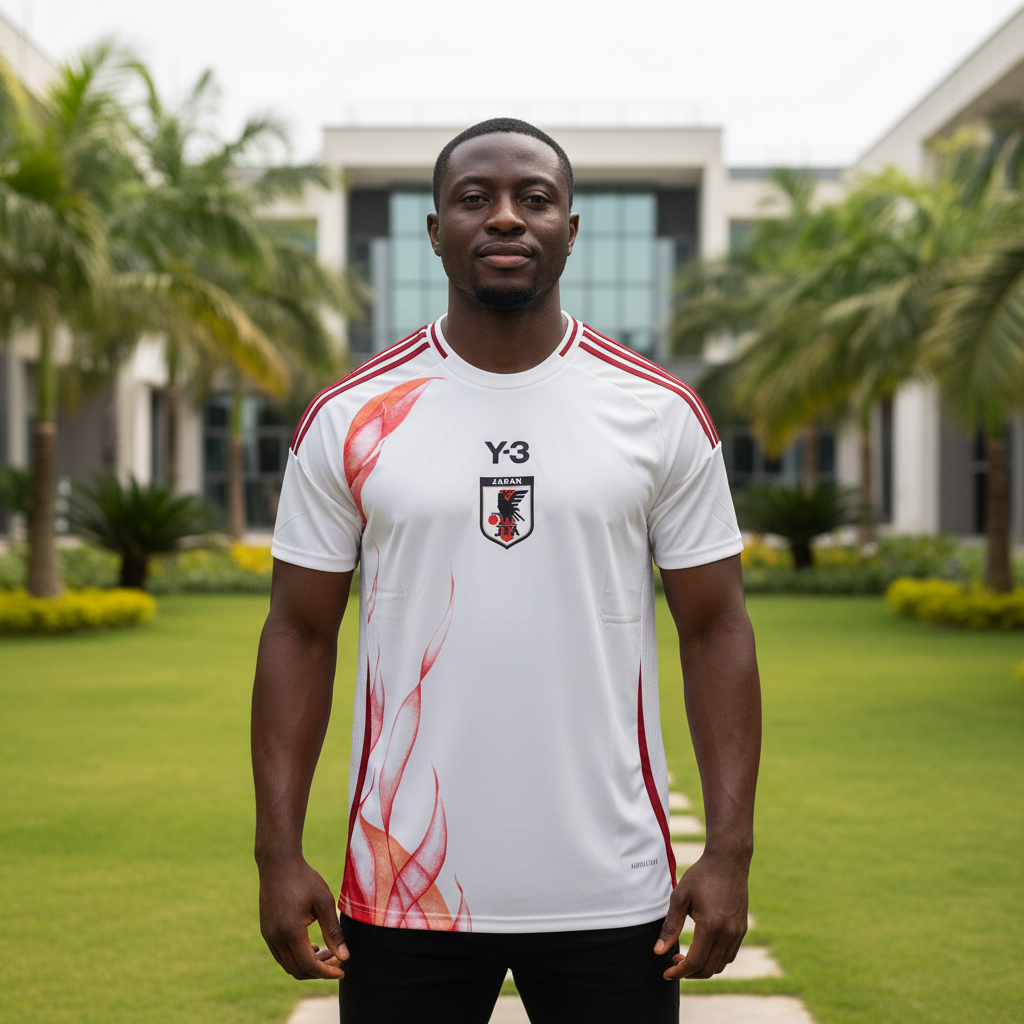 Nigerian male model wearing white red flame side-panel football jersey front view