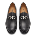 Straight-on black smooth loafers with silver-tone loop hardware