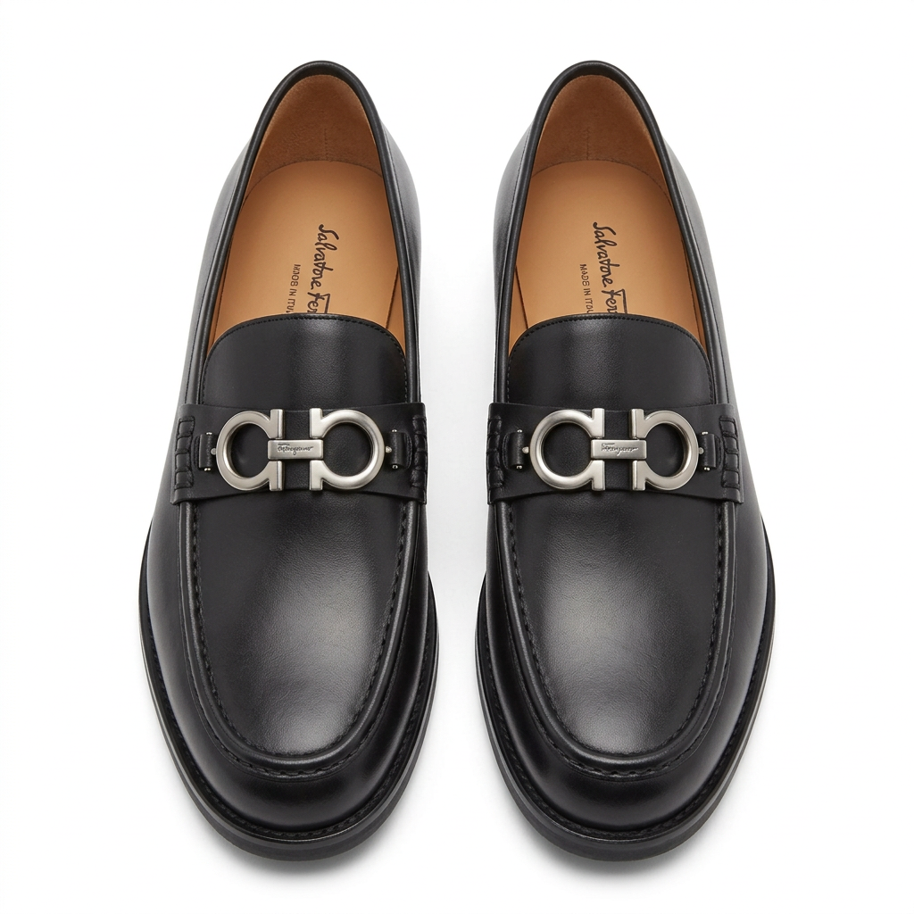 Straight-on black smooth loafers with silver-tone loop hardware