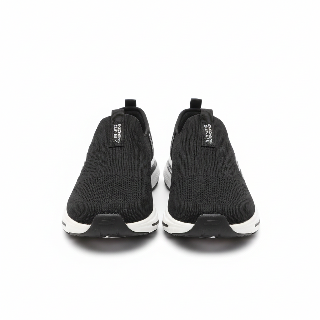 Men's Black Mesh Slip-On Walking Sneaker – Ghost Mannequin Pair Front and Side View