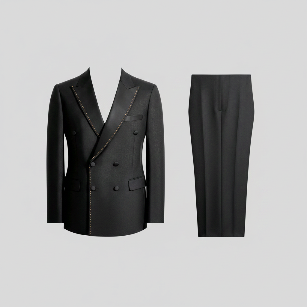 Men's black double-breasted suit jacket and trousers side by side ghost mannequin