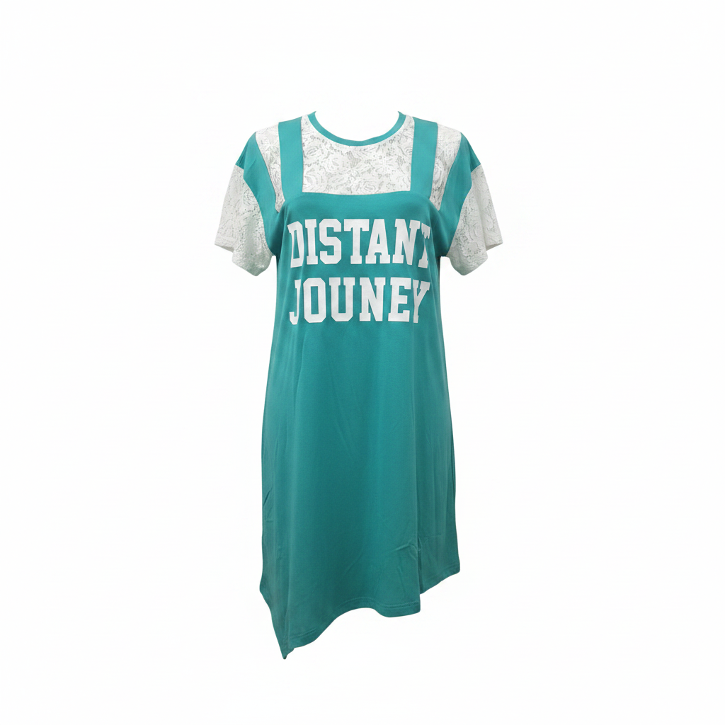 Teal Lace Overlay Slogan Mini Dress - Ghost Mannequin Front View