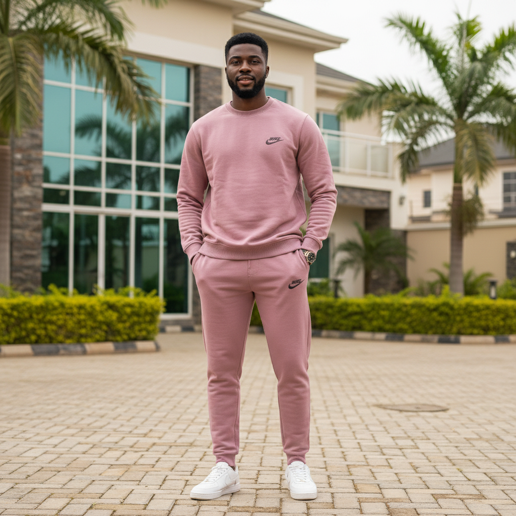 Nigerian male model wearing mauve pink crewneck and jogger tracksuit set