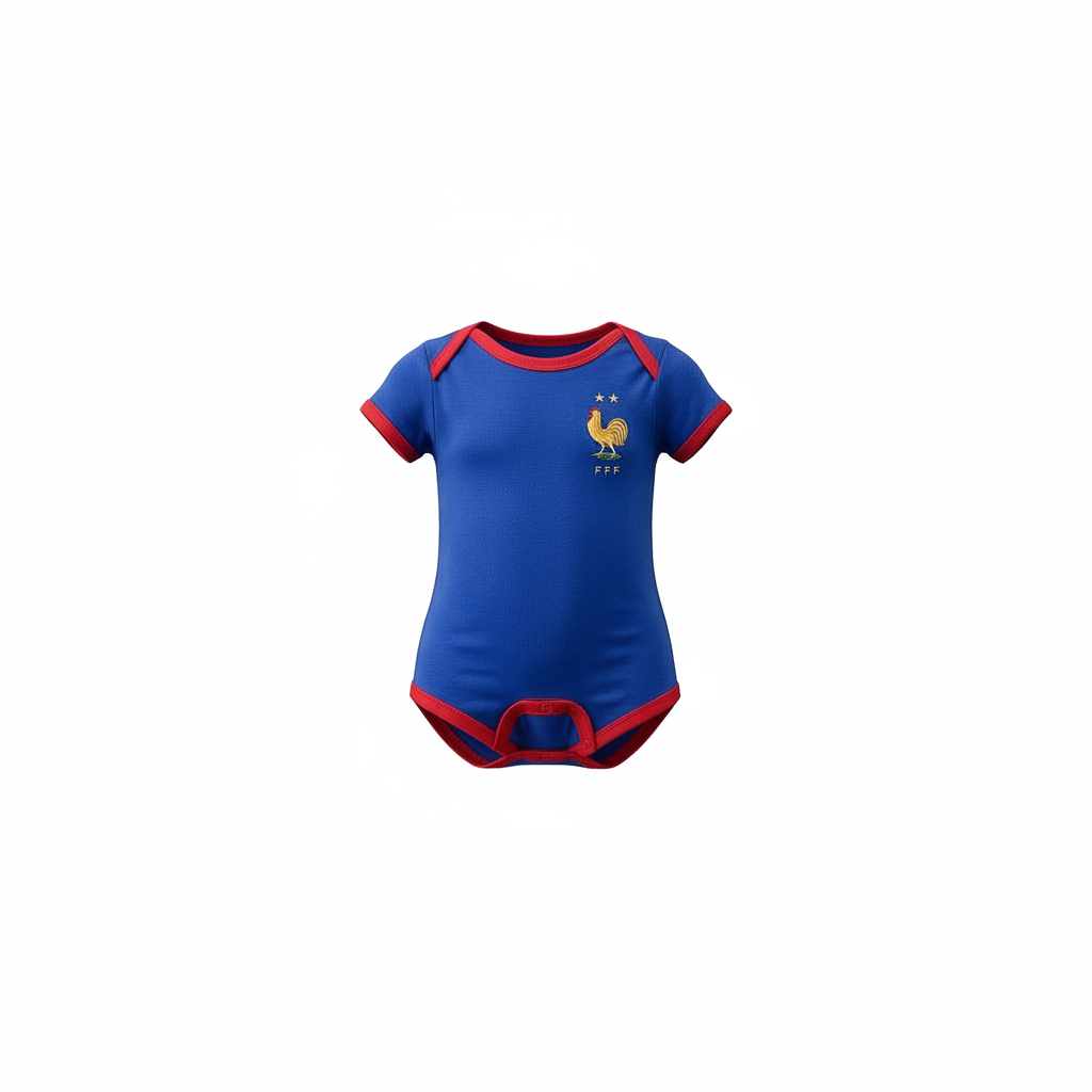 Baby royal blue & red football romper bodysuit – ghost mannequin front view on white background