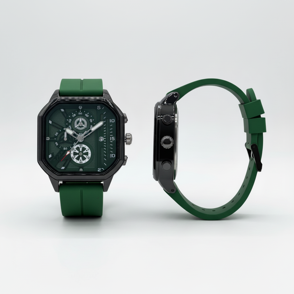 Green strap dark dial square wristwatch shown from the front and side