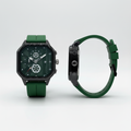 Green strap dark dial square wristwatch shown from the front and side