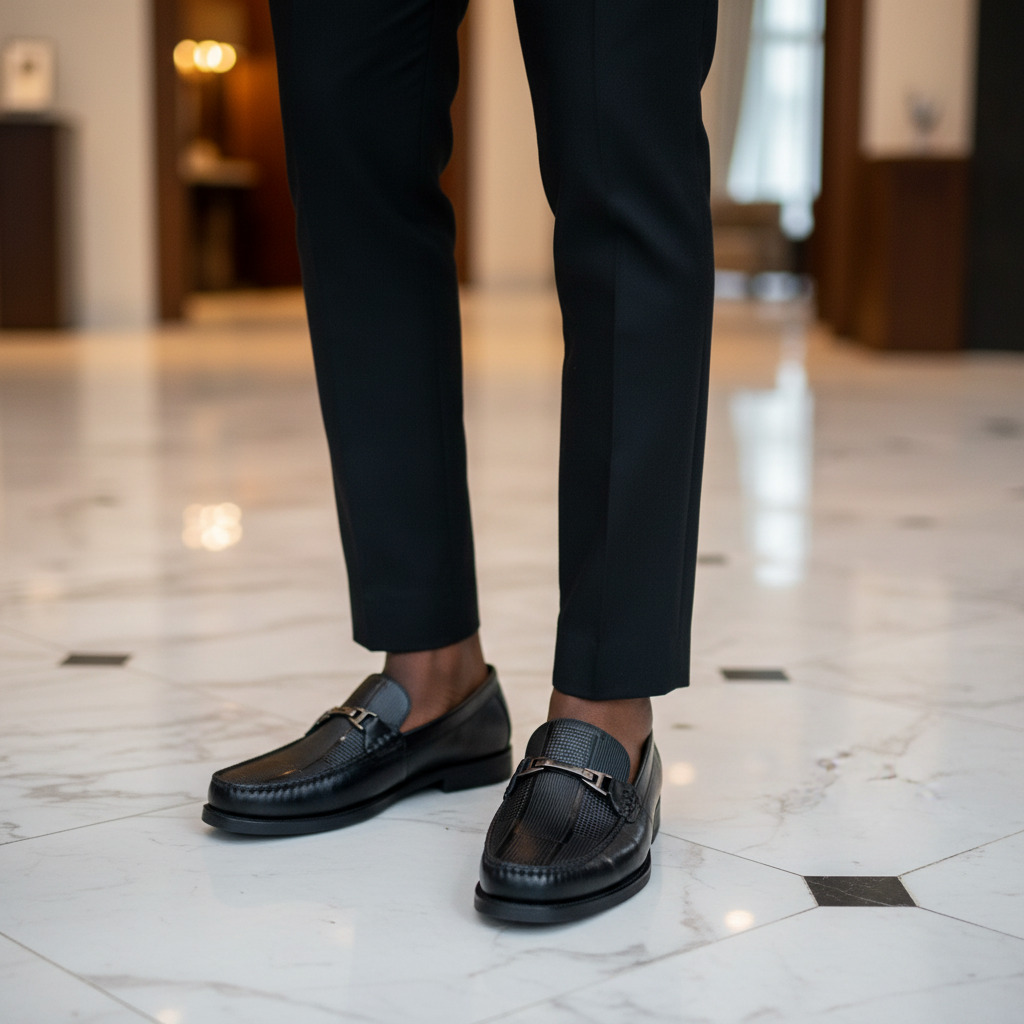 Nigerian male model wearing black textured leather H-bar buckle loafers, tight zoomed-in British luxury leg focus lifestyle shot