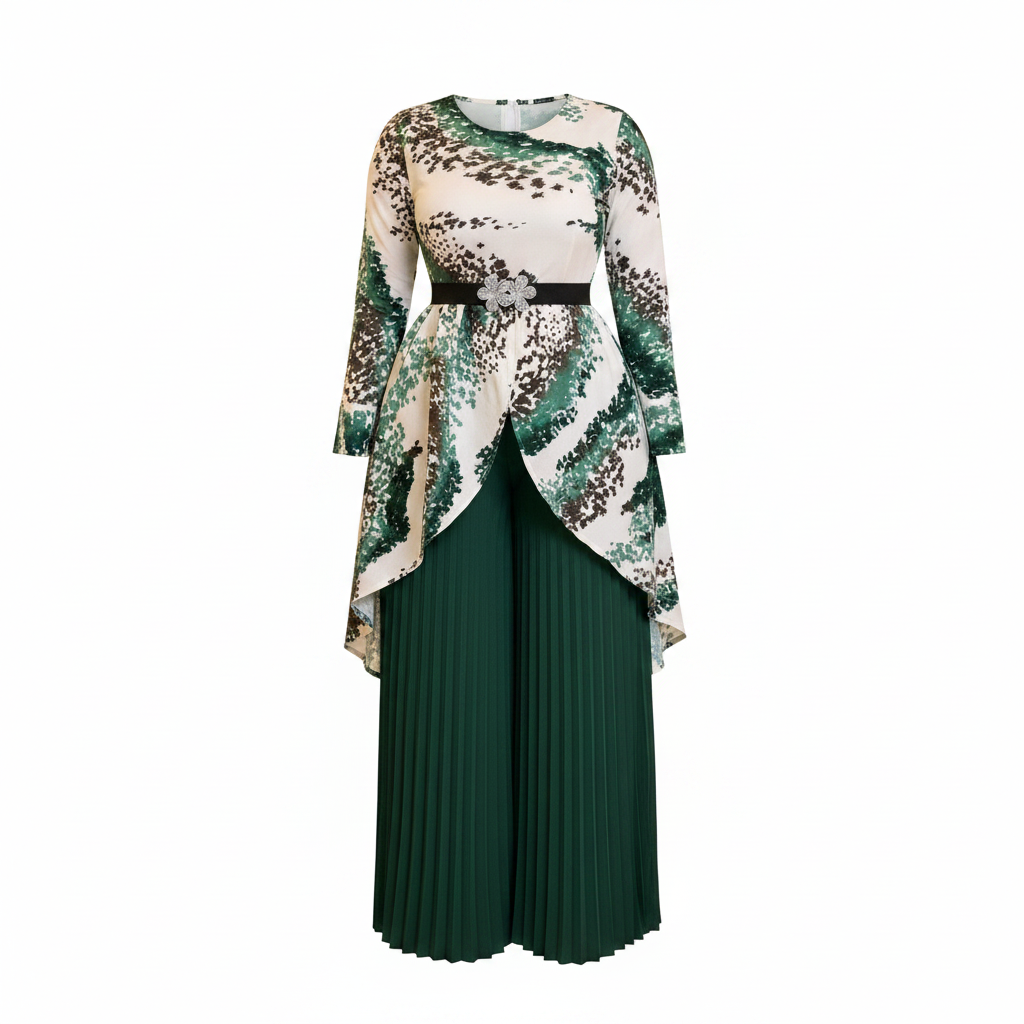 Women's green abstract print asymmetric top and forest green pleated trousers co-ord set ghost mannequin