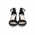Women's black suede two-strap block heel sandals ghost mannequin pair view