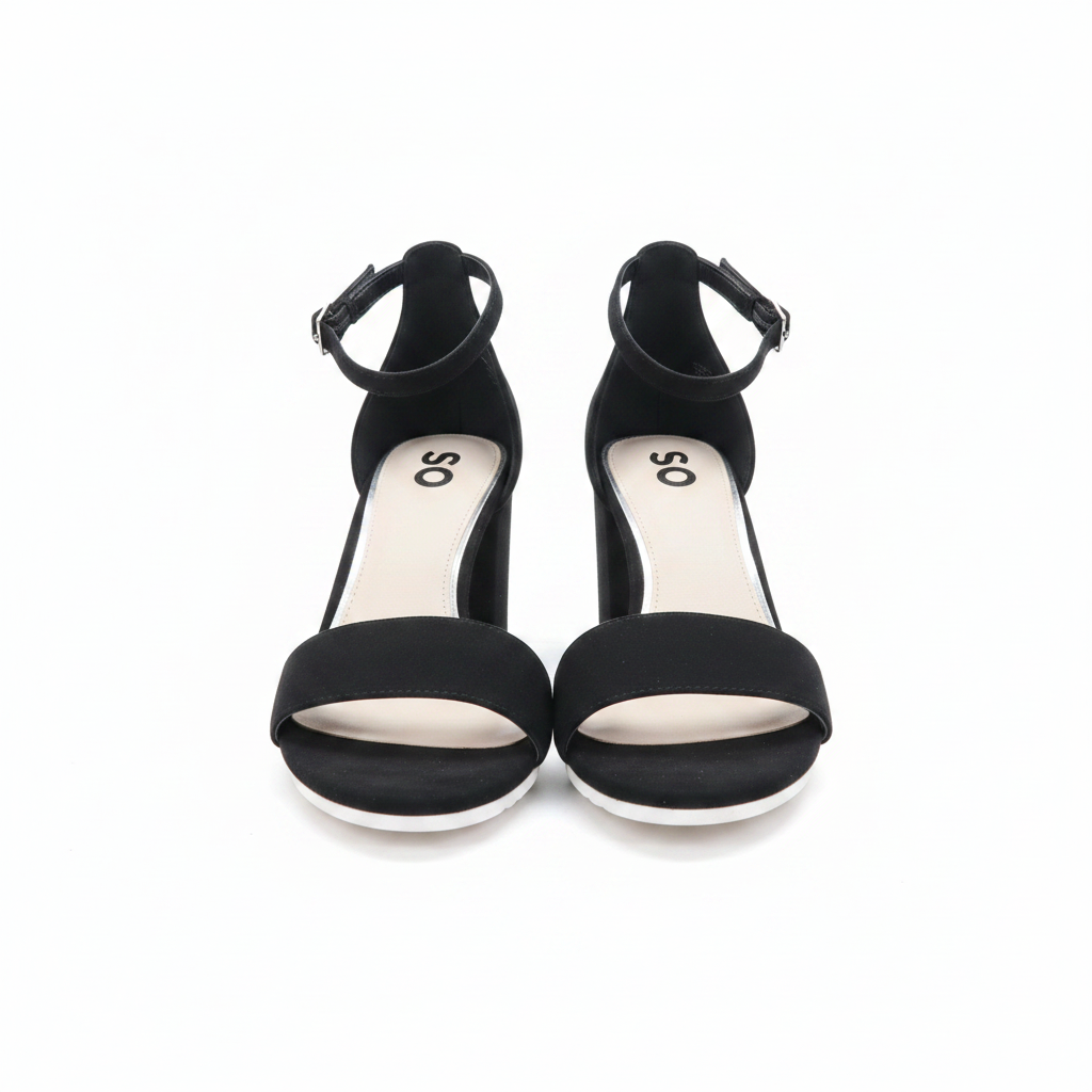 Women's black suede two-strap block heel sandals ghost mannequin pair view