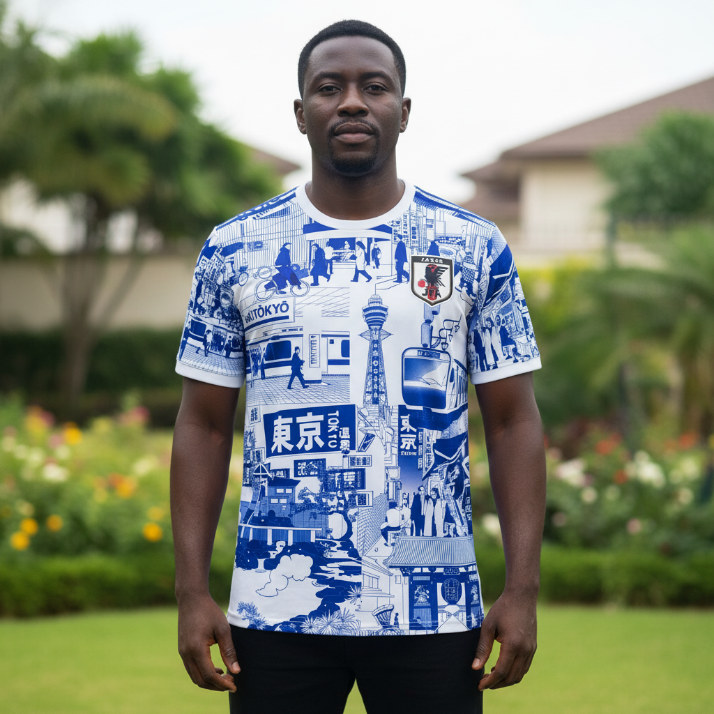 White blue cityscape graphic football jersey on Nigerian male model