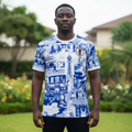 White blue cityscape graphic football jersey on Nigerian male model
