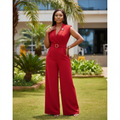 Red Sleeveless Wide-Leg Belted Jumpsuit - Front Model View