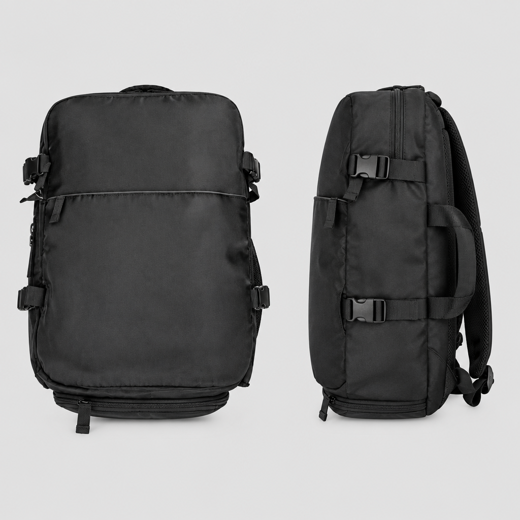 Black buckle-strap travel backpack shown from the front and side on a plain background