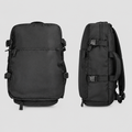 Black buckle-strap travel backpack shown from the front and side on a plain background