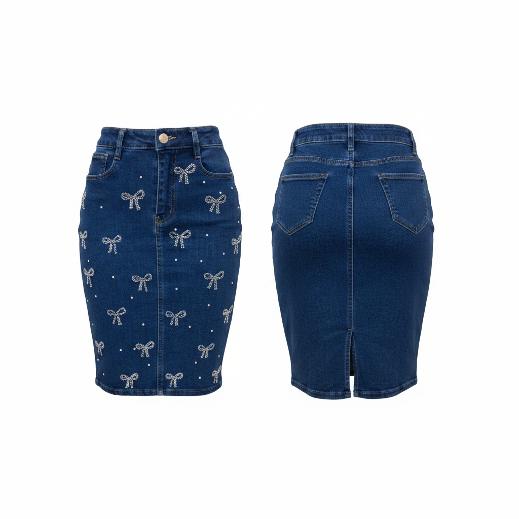 Rhinestone Bow Denim Pencil Skirt – Ghost Mannequin