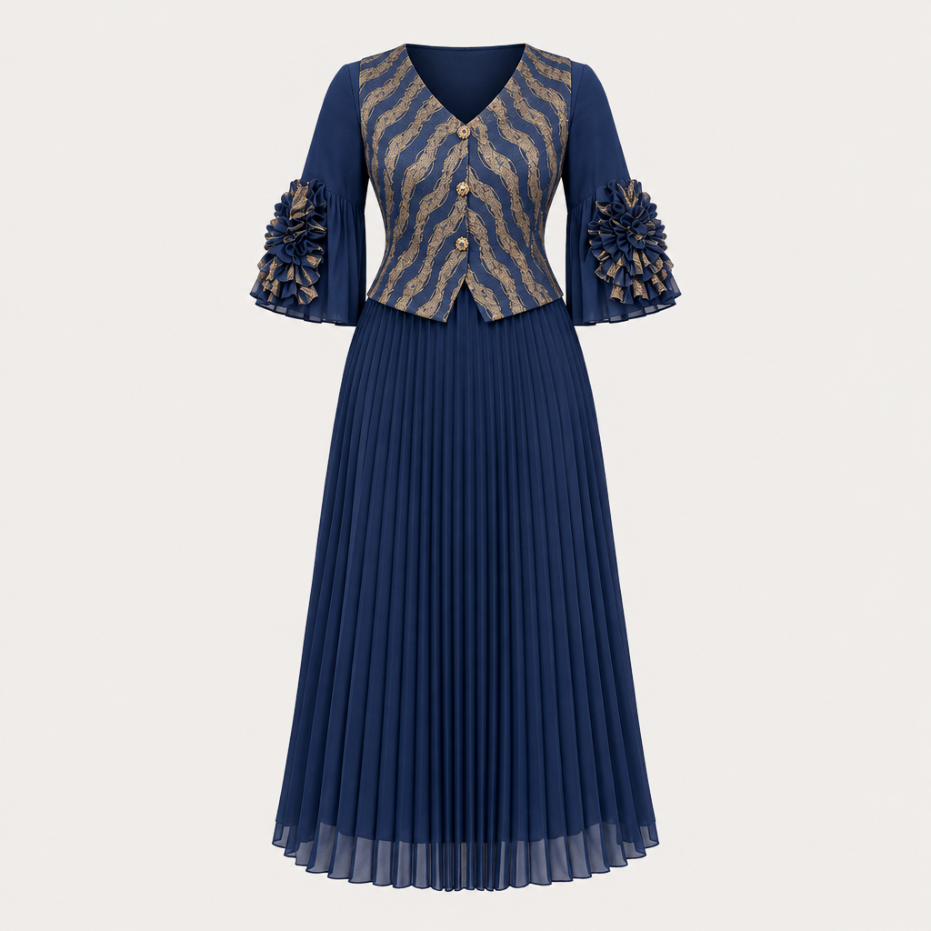 Navy dress with gold patterned bodice on invisible mannequin