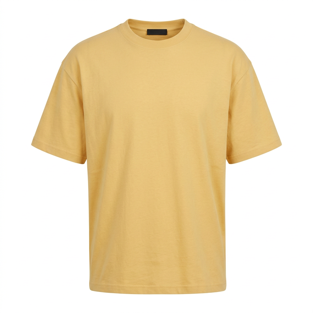 Golden yellow crew-neck short-sleeve T-shirt on an invisible mannequin