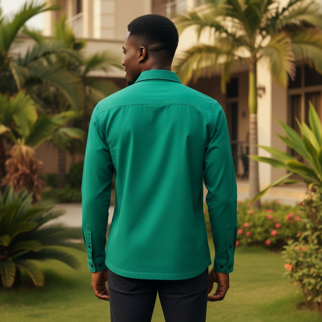 Nigerian male model wearing Emerald Green Long Sleeve Shirt back view
