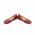 Women's red patent croc flat pumps with silver buckle – ghost mannequin pair view