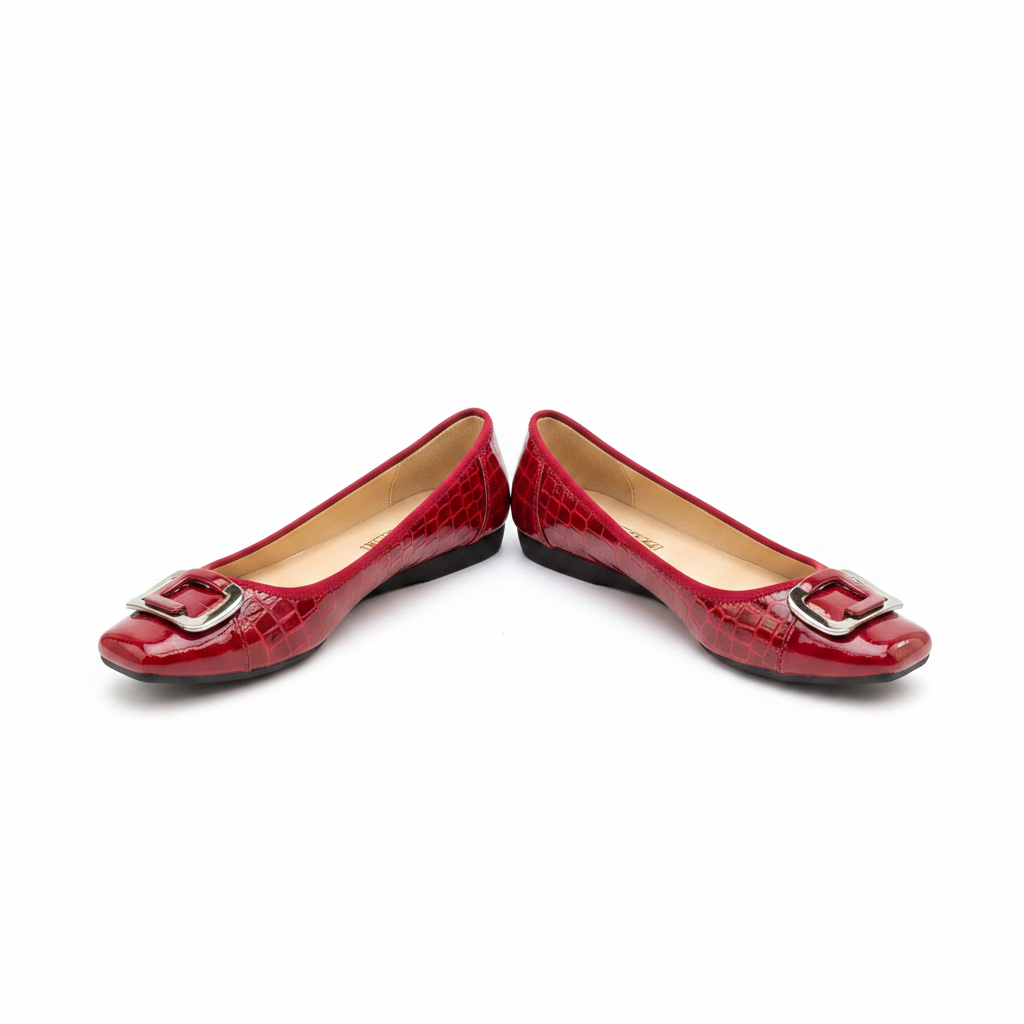 Women's red patent croc flat pumps with silver buckle – ghost mannequin pair view