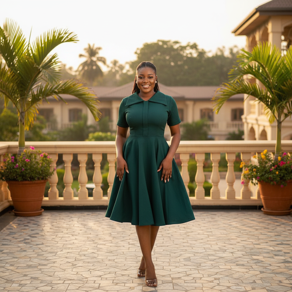 Dark teal A-line midi dress on Nigerian female model