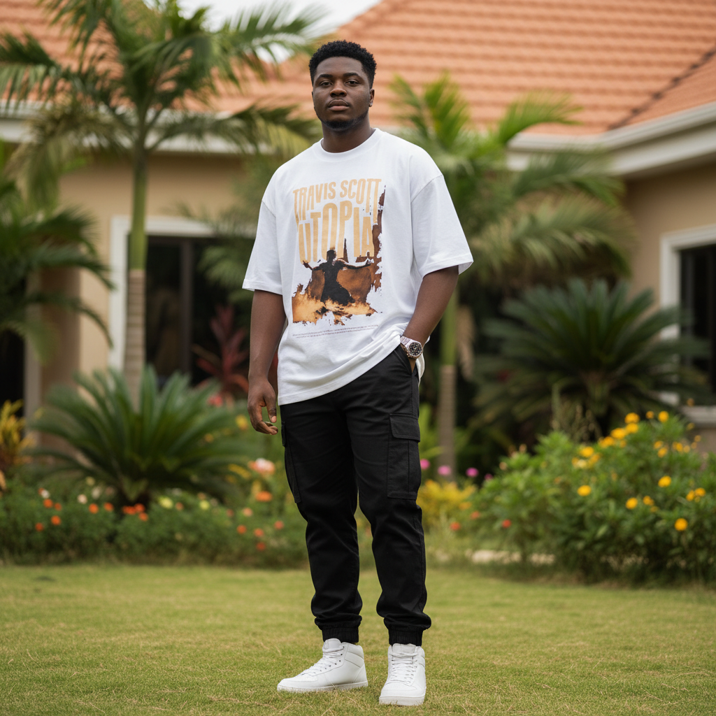 Men's White Oversized Amber Graphic Tee – Nigerian Male Model Shot
