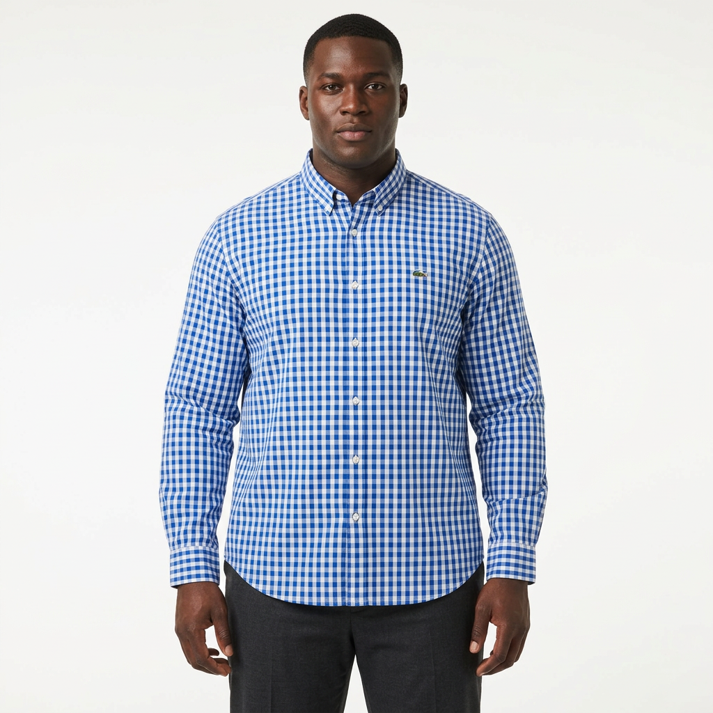 Adult Black model wearing a blue and white gingham long-sleeve shirt
