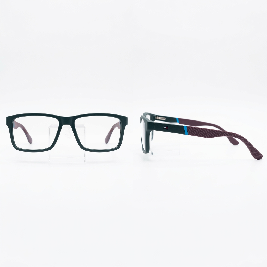 Teal rectangular clear-lens eyeglasses with burgundy arms and blue accents, front and side views