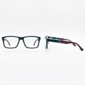 Teal rectangular clear-lens eyeglasses with burgundy arms and blue accents, front and side views