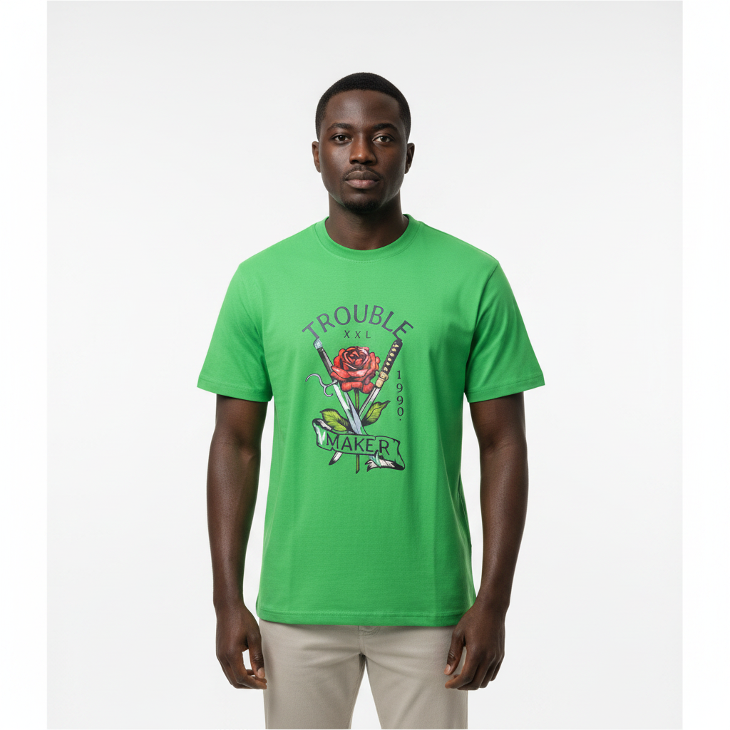 Model wearing the green rose and dagger graphic t-shirt
