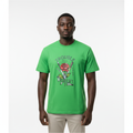 Model wearing the green rose and dagger graphic t-shirt