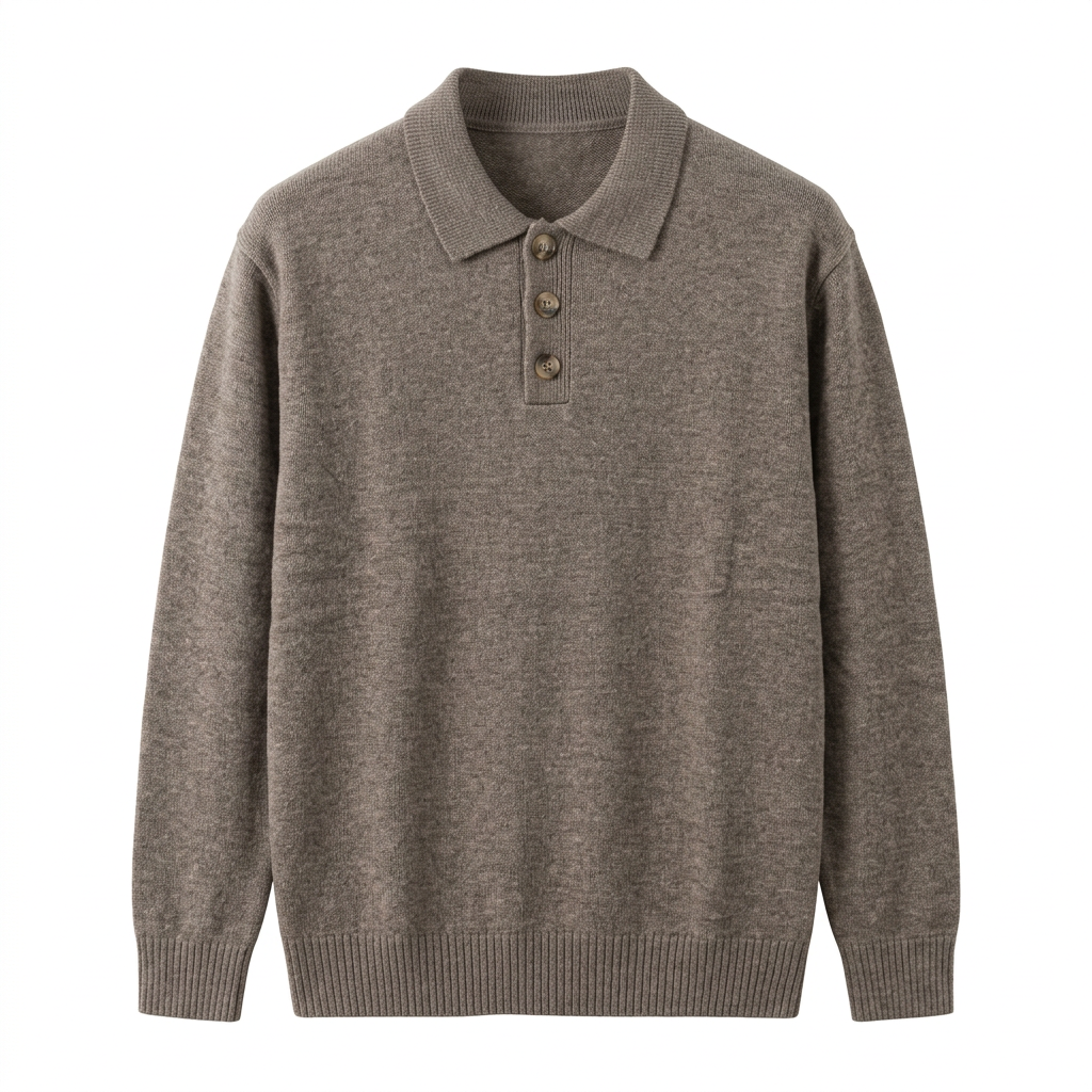 Taupe-grey textured long-sleeve knit polo on white background