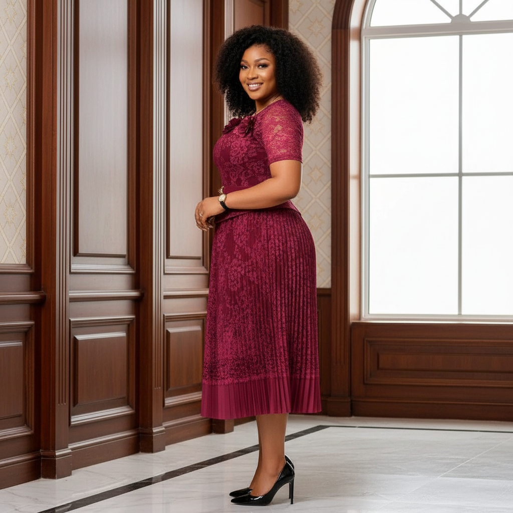 Nigerian woman wearing burgundy lace floral peplum top and pleated midi skirt set