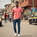Young Nigerian male model wearing coral blue tipped pique polo shirt