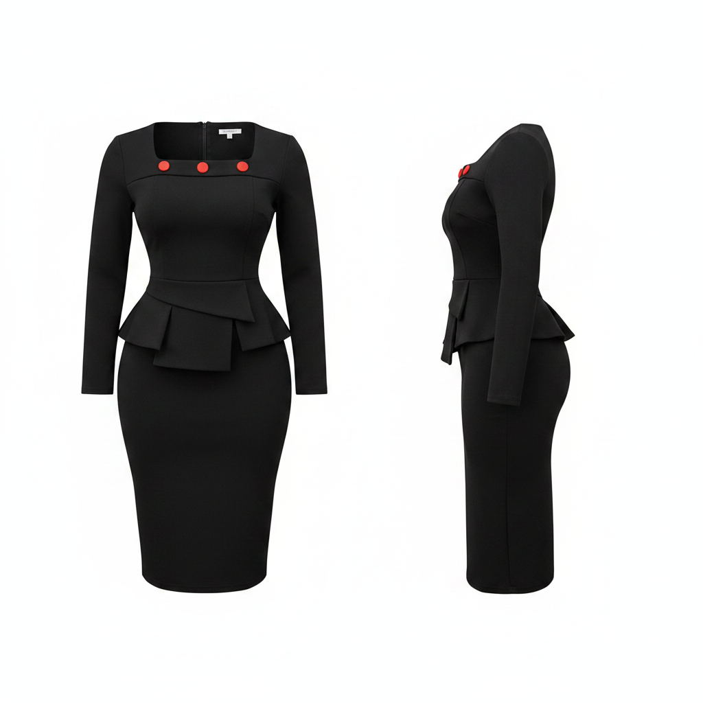 Women's Peplum Square Neck Long Sleeve Bodycon Midi Dress – Ghost Mannequin Front and Side View
