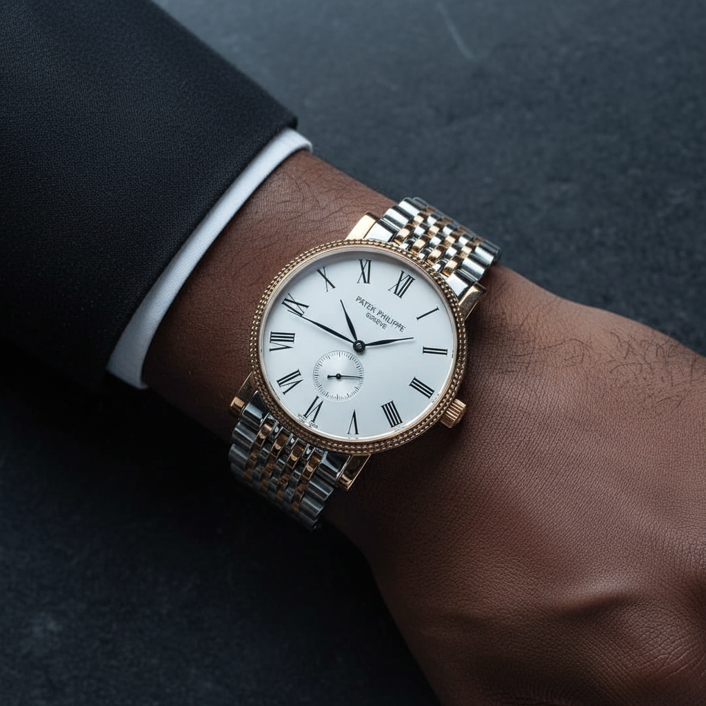 Nigerian man wearing silver dress watch with rose gold coin bezel and Roman numeral dial, wrist close-up