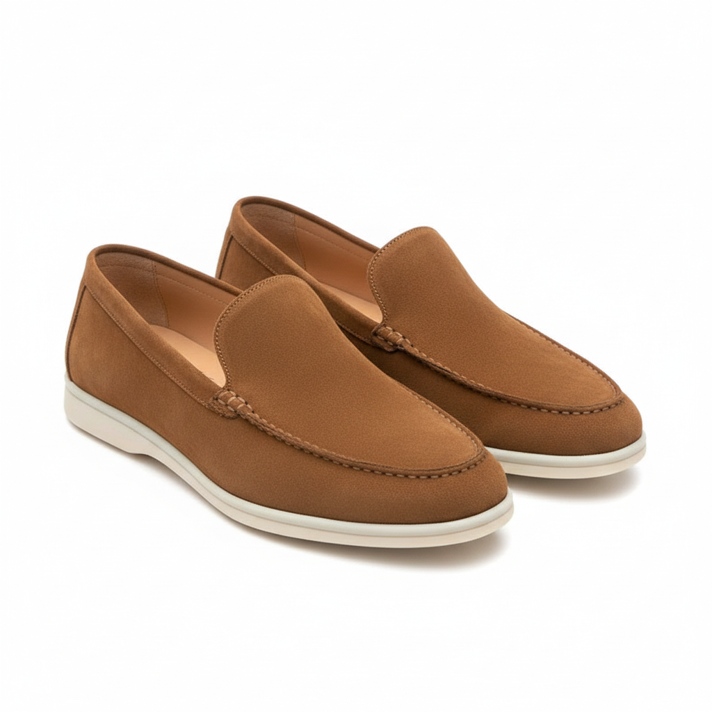 Men's tan brown suede slip-on loafer pair, ghost mannequin view, white background