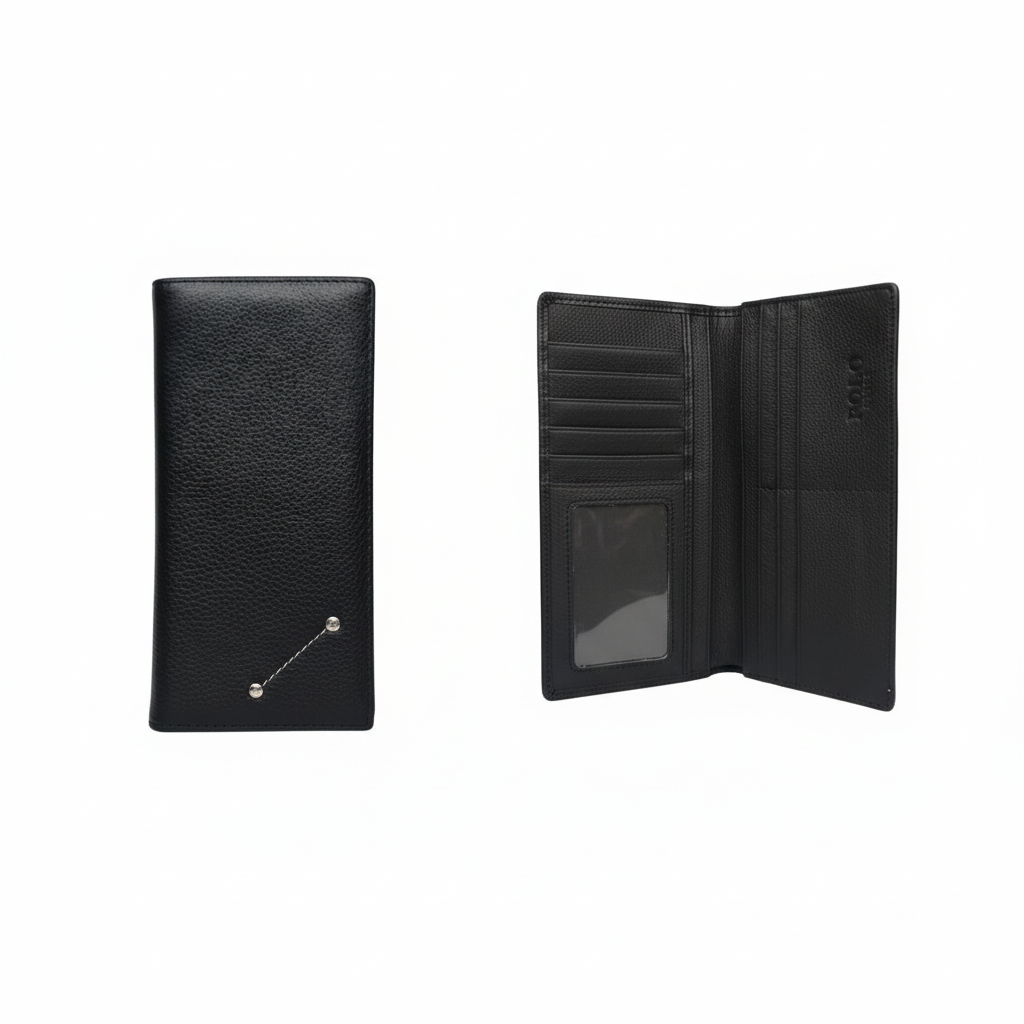 Men's leather wallet catalog shot, closed and open layered inner view