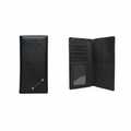 Men's leather wallet catalog shot, closed and open layered inner view