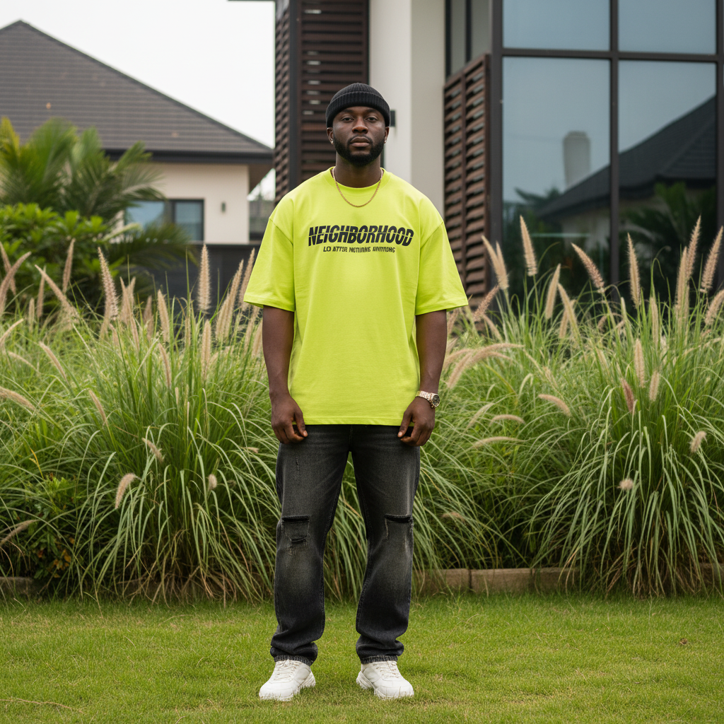 Nigerian male model wearing neon yellow oversized graphic print tee