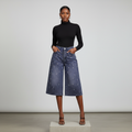 Navy Purple Rhinestone Wide-Leg Denim Shorts - Model Front