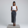 Charcoal Grey Acid Wash Midi Denim Skirt – Model Front