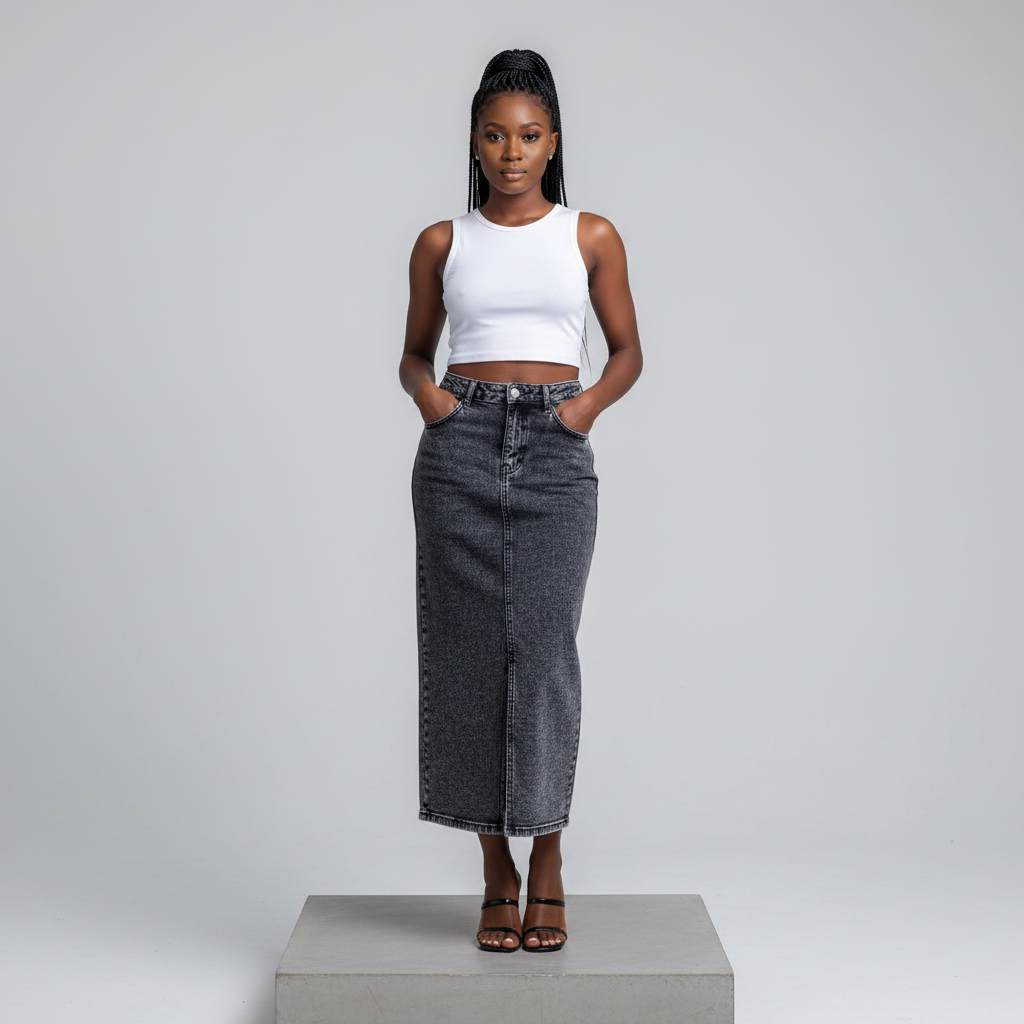 Charcoal Grey Acid Wash Midi Denim Skirt – Model Front