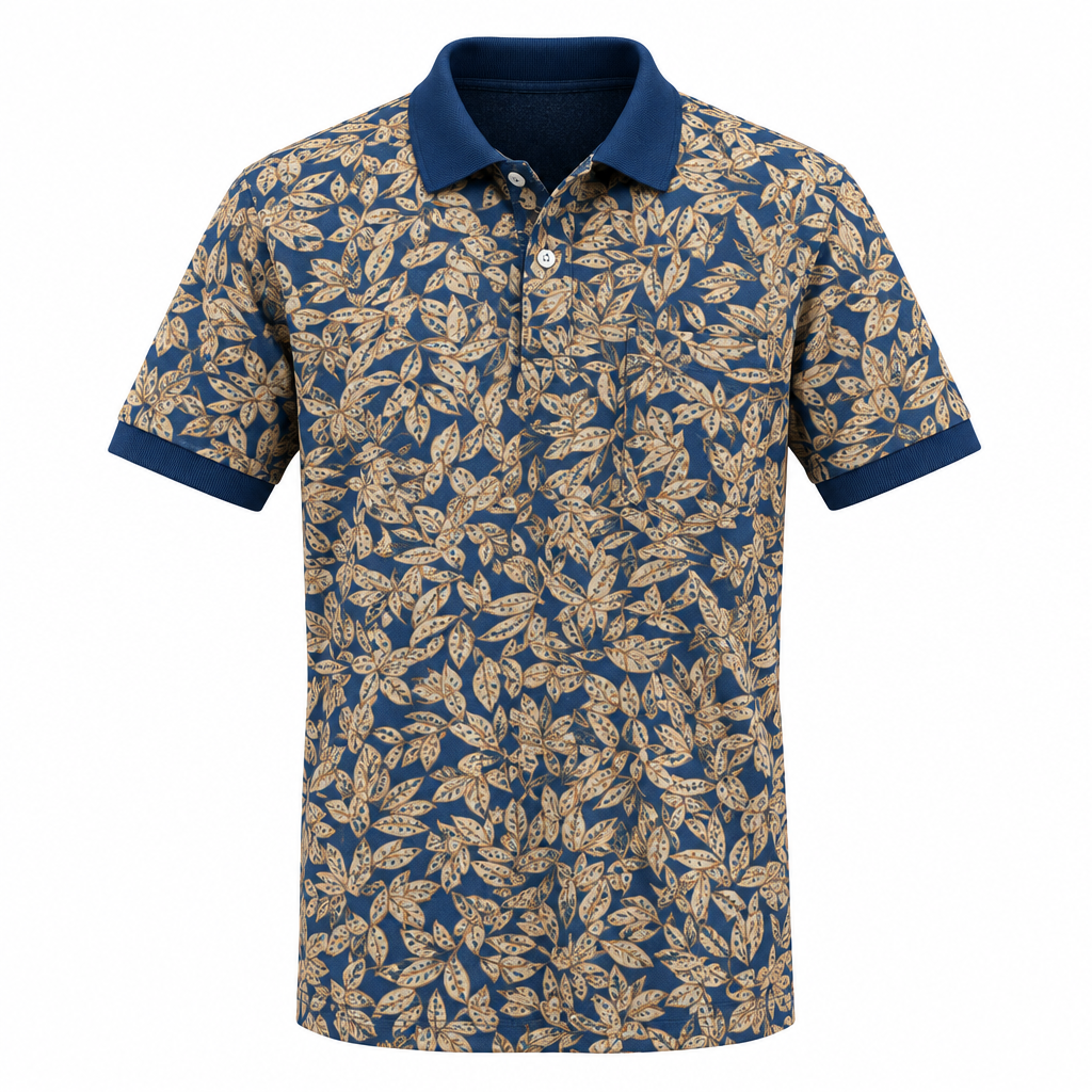 Navy blue botanical leaf all-over print polo shirt ghost mannequin on white background